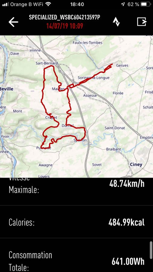 Burned calories report on Specialized Mission Control app after a 48km eMTB ride